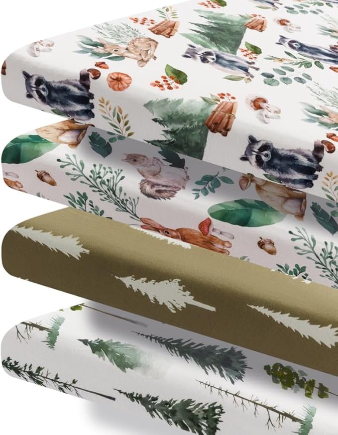 4 Pack N Play Sheets Woodland Forest Animals Wood Neutral Unisex Fitted Baby N Play Sheets Fitted for Standard Pack and Plays and Mini Cribs Set for Baby Boys or Girls (Raccoon)