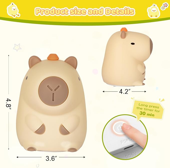 loatme Night Light for Kids, Rechargeable Dimmable Silicone LED Nightlight with 7 Colors, Baby Nursery Night Lamp, Touch Squishy Lamp, Cute Gifts for Girls, Boys, Toddler Room Decor, Capybara