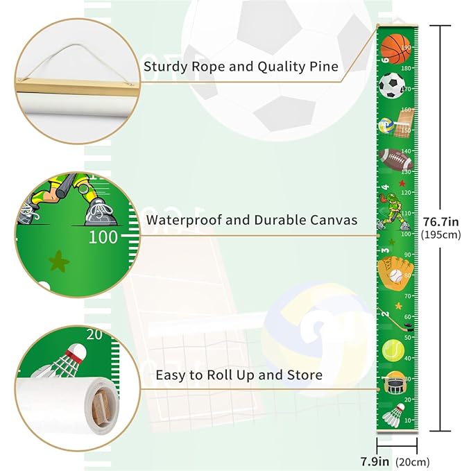 Baby Growth Chart for Wall - Height Chart for Kids Nursery Decor Wall Hanging Measurement Ruler Toddler Room Decor Play Room Essentials Birthday Christmas Gifts for Boys Girls 79"X7.9" (Sports Balls)