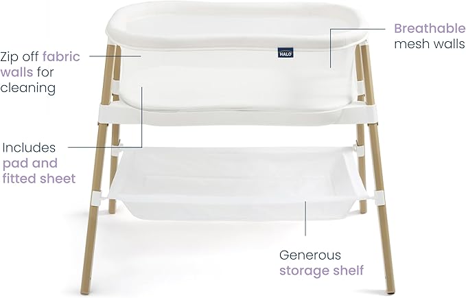 HALO® BassiNest® Essential Sleeper – Portable Baby Bassinet with Breathable Mesh Sides, Storage Shelf & Easy Assembly – Lightweight, Space-Saving Bedside Crib for Newborns