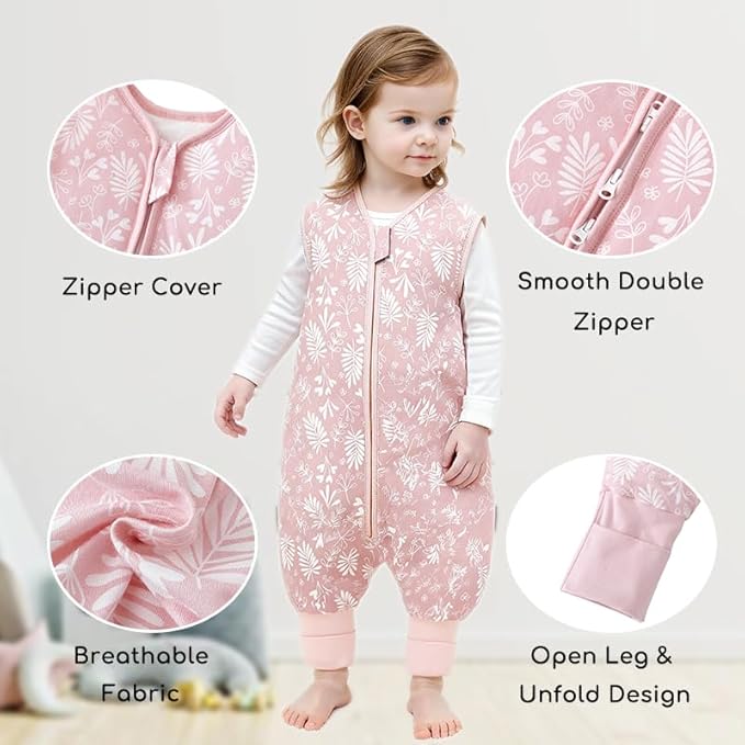 Toddler Sleep Sack with Feet 4-5 T, 2.5 TOG Cotton Baby Wearable Blanket with Legs, Winter Sleep Bag Walker with 2-Way Zipper, Floral