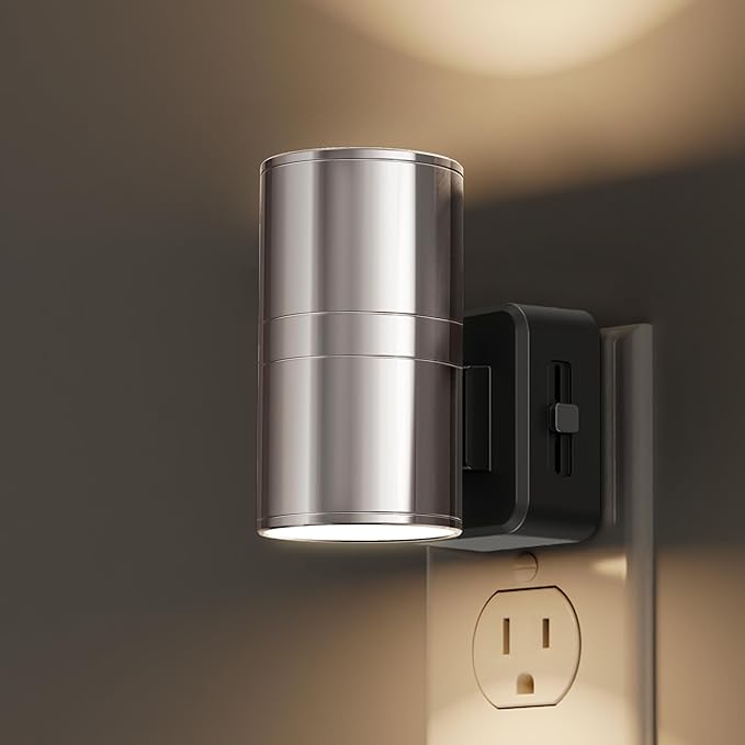 L LOHAS LED Night Light, Night Lights Plug into Wall, 1-Pack, Smooth Silver Glossy Plating Metal-Shade Nightlight, Light Sensor, Soft White 3000K, Dimmable Night Light Plug in for Hallway Bedroom