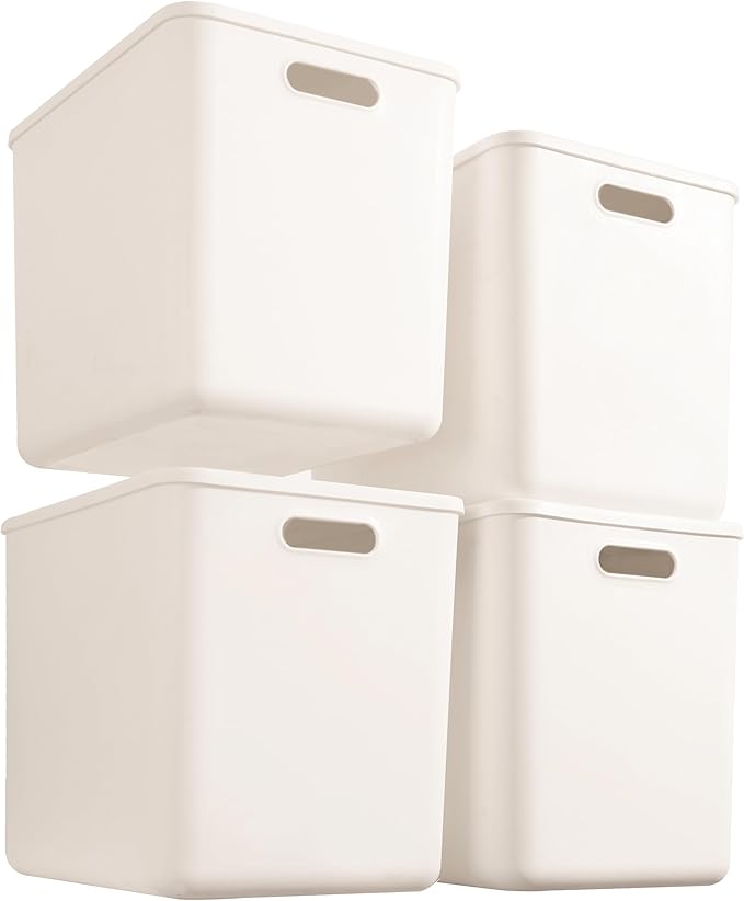 Gaoaodeyu 4 pack large plastic White storage bins Baskets, Toy Box Chest with Lids and Handle，Organizer Containers for Baby，Kids,snacks,Nursery，Shelves，Playroom, Bedroom，Office,Closet，home