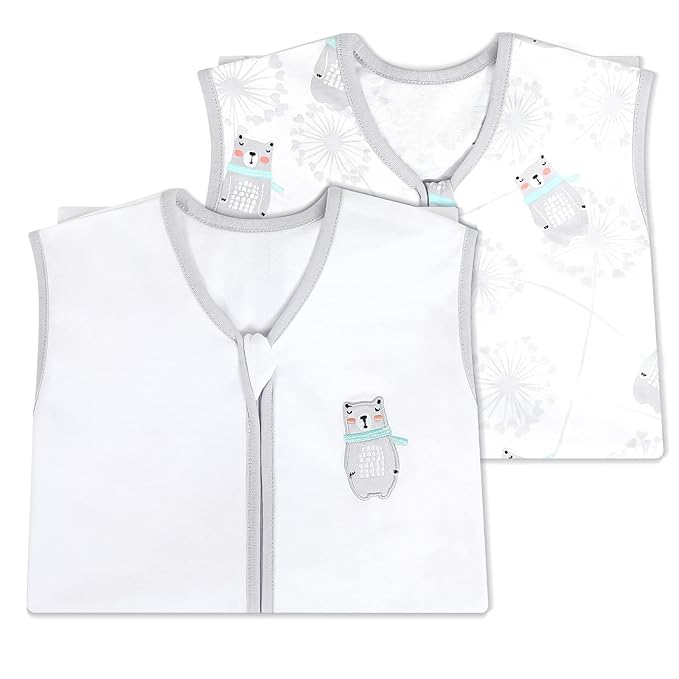 TILLYOU 2 Pack Infant Sleep Sack 0-6 Months 100% Cotton Wearable Blanket 0.5 TOG Sleeveless Summer Sleep Sacks with 2-Way Zipper, Gray Bear & White