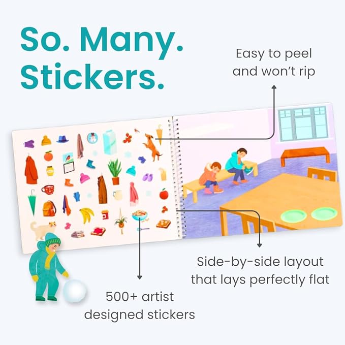 Cupkin Snow Day Sticker Book Activity for Kids, Side by Side Winter Sticker Book, Fun Kid Road Trip Activity, 500+ Kids Stickers + 12 Scenes and Coloring Pages, Crafts for Ages 2-8