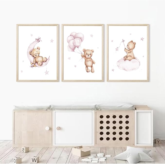Bear Nursery Wall Art Decor Teddy Bear Wall Art Baby Girl Canvas Wall Decor Pink Pictures Balloon Nursery Children Prints Artwork Moon Star Cloud Art for Boys Room Bedroom 16x24x3 Inch Wood Framed