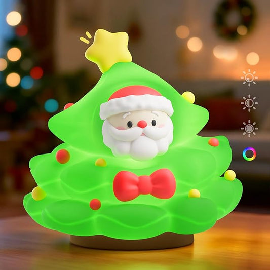 ICARER FAMILY Christmas Tree Night Light, Touch Control LED Lamp, Silicone Green with Yellow Star, USB Rechargeable, 3 Brightness with Auto-Off Feature, Indoor Bedroom Decor