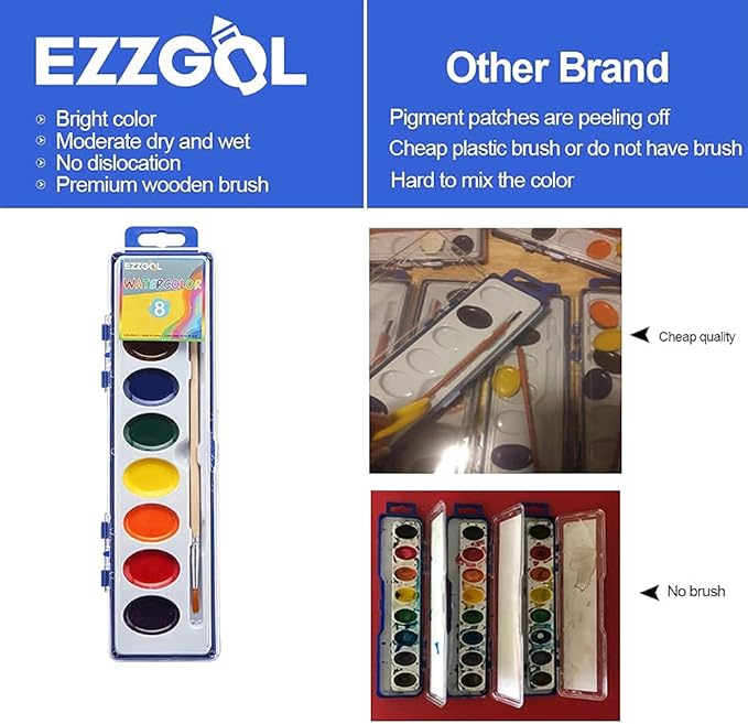 Watercolor Paint Sets Bulk Pack of 24, Ezzgol 8 Colors Washable Paint Sets for Kids, Quality Water Color Wooden Brushes, Perfect for Preschool Classroom