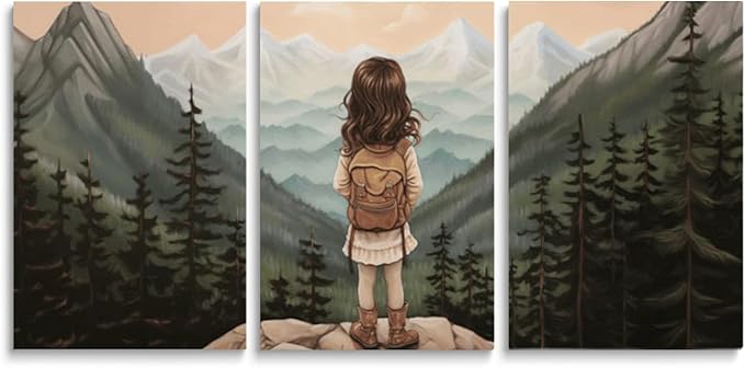 Baby Girl Adventure Nursery Decor, Adventure Nursery Wall Art, Watercolor Mountain Landscape, Woodland Decor for Kids Room, Baby Girl Set of 3 Canvas Set, Framed 12"x16"