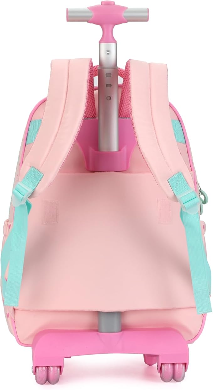 kingdisen Wheels Rolling Kids Backpack for Elementary Luggage School Trolley Bag with Lunch Box 3pc Set (HEART PINK)