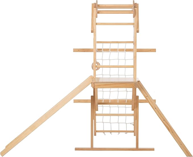 Avenlur Grove 8-in-1 Indoor Jungle Gym with Gymnastic Rings, Climbing Rope, Swing, Slide, Monkey Bars, Rope Wall Net, and Wooden and Rope Ladder - Jungle Play Set for Kids Ages 2-11 Years Old