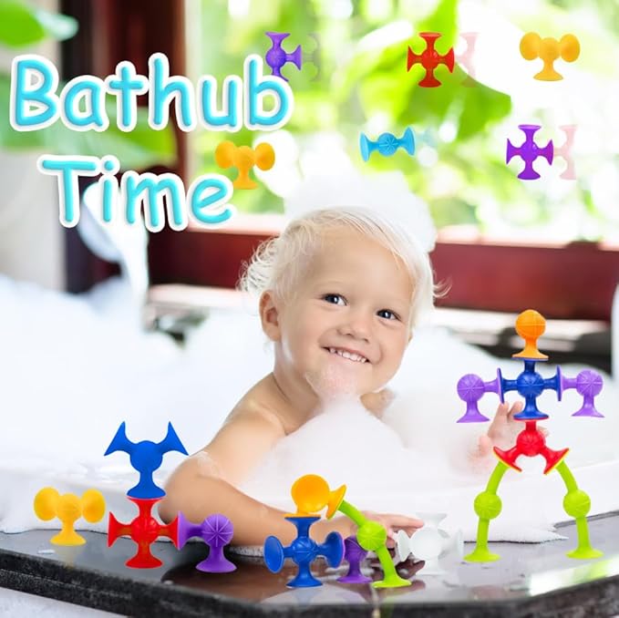 48 Piece Suction Cup Bath Toys for Kids Ages 3+, Sensory Toys for Autistic Children, Stocking Stuffers Travel Window Stem Learning, Bathtub with Storage