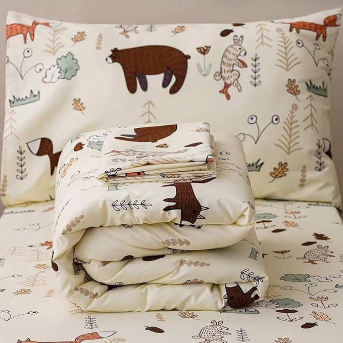 CLOTHKNOW Animal Toddler Bedding Sets for Boys, 4 Pieces Bedding Sets, Yellow Beige Bear Cartoon Pattern, Soft Crib Bed Set Including Comforter, Flat Sheet, Fitted Sheet and Pillowcase