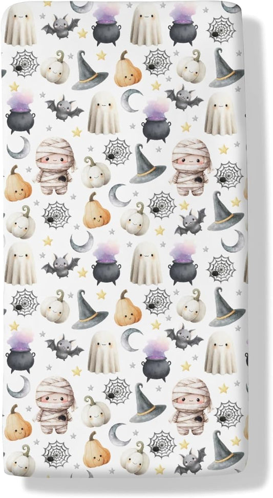 Happy Halloween Baby Crib Sheets Cute Spooky Pumpkin Bat Fitted Crib Mattress Cover Witch Moon Star Toddler Baby Sheet for Standard Crib 28x52in