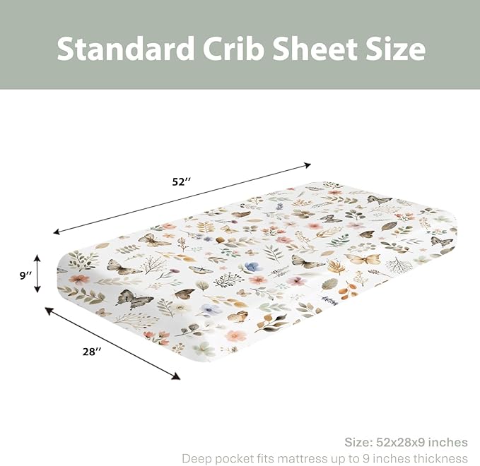 Botanic Gardens Baby Crib Sheets for Boy Girl 52"x28" Beige Floral Butterflies Soft Stretchy Fitted Crib Mattress Covers Boho Spring Wildflowers Leaves Baby Sheet for Crib and Toddler Bed Mattresses