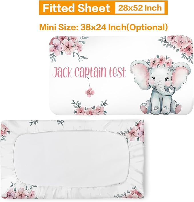 Custom Baby Bedding Set, Personalized Pink Baby Elephant Bedding, Baby Blanket Fitted Sheet Changing Cover Nursery Rug Room Decor Gift Idea