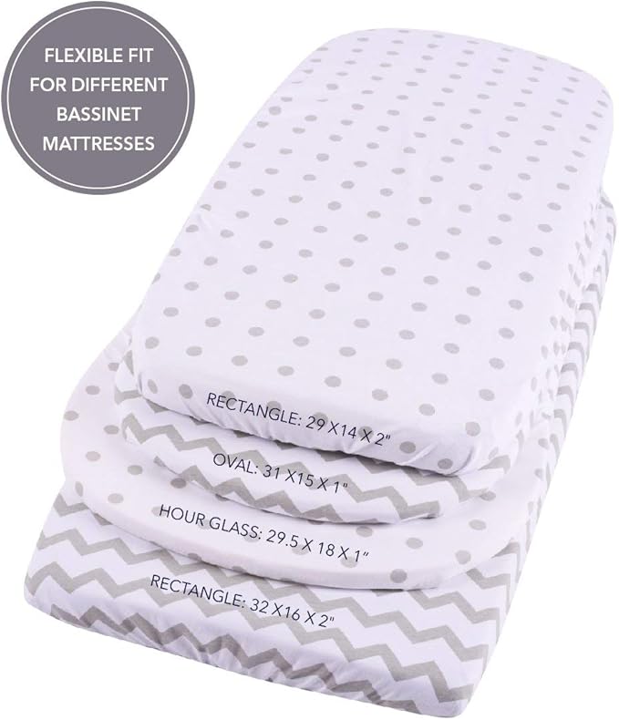 Waterproof Bassinet Sheets 2-Pack for Baby Boy or Baby Girl - (Grey Chevron & Grey Polka Dots)