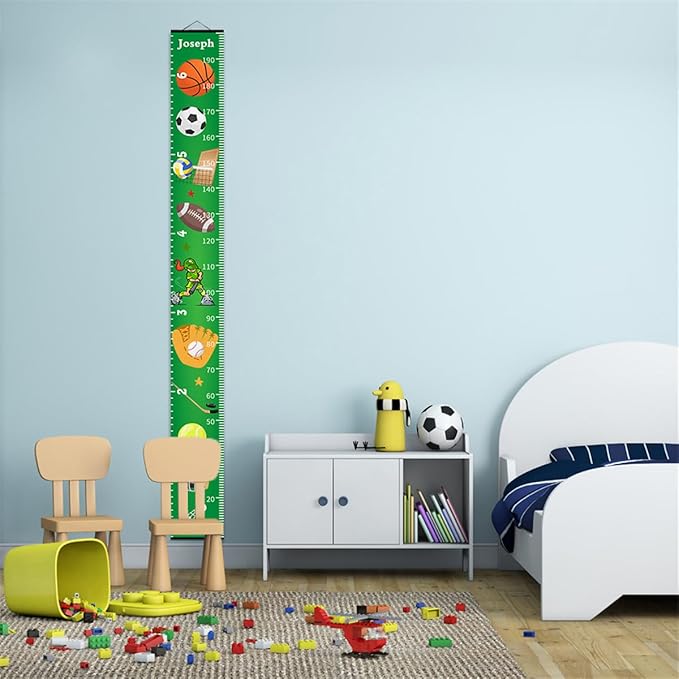 Personalized Growth Chart for Kids, Baby Height Chart with Custom Name, 77"x7.9" Canvas and Black Wood Height Measuring Rulers for Boys Girls Removable Wall Ruler Hanging for Nursery Decor - Sports