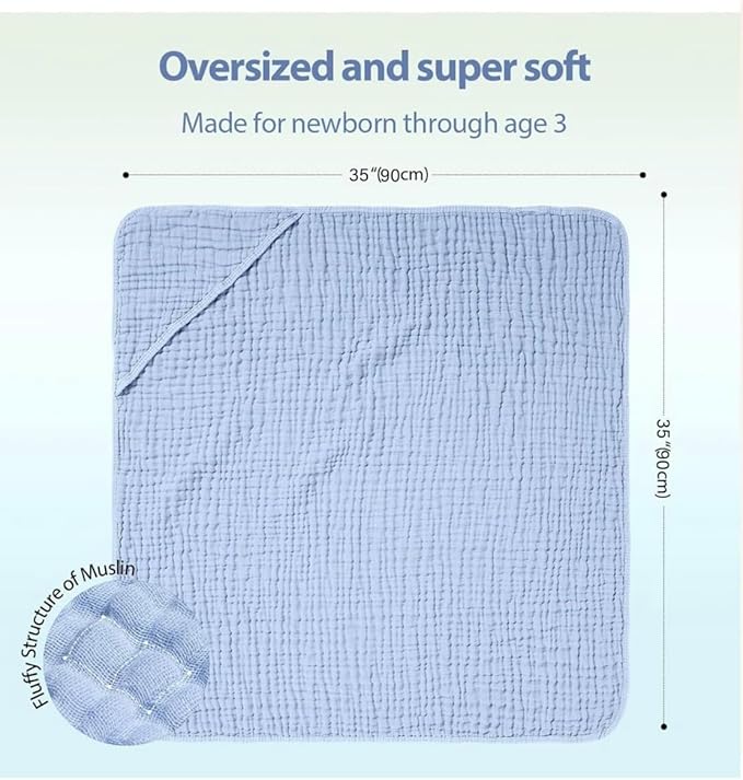 Hooded Baby Towels – Pack of 2 | 100% Muslin Cotton 35x35 in Larger for Better Comfort | Soft & Absorbent Newborn Bath Towel | Large Baby Hooded Towels for Boys & Girls | Baby Shower | Better Quality