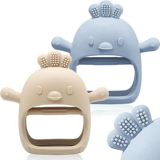 2 Packs Baby Teething Toy Silicone Teething Mitten for Babies Over 3 Months Anti Dropping Wrist Hand Teethers Baby Chew Toys for Sucking Needs, BPA Free (Blue & Caramel)