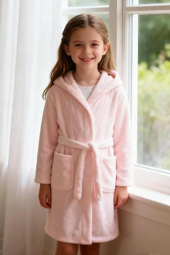 Boys Girls Robe Kids Flannel Hooded Bathrobe Sleepwear Pajamas Toddler Soft Plush Robes for Girls 2-16 Years