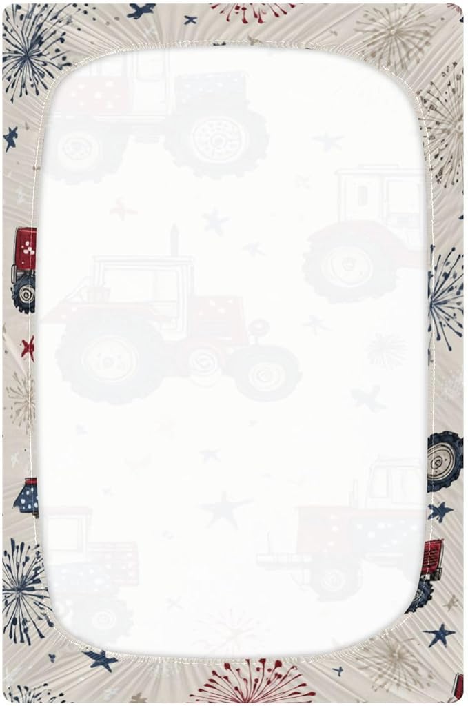 Tractors July 4th Fireworks and Stars Crib Sheets Standard Crib Toddler Mattresses Cover Fitted Baby Bed Sheet Breathable Crib Mattress Sheet for Girls Boys 52" x 28"x5''