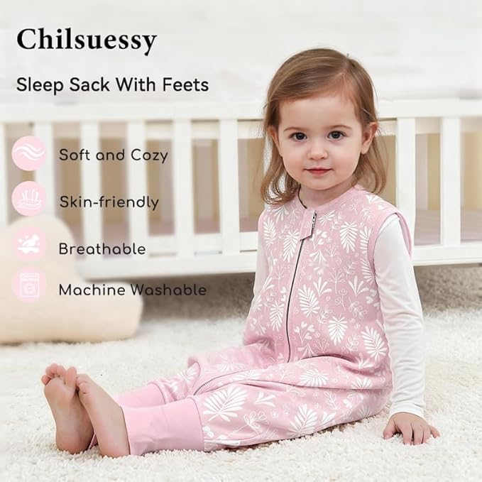 Toddler Sleep Sack with Feet 4-5 T, 2.5 TOG Cotton Baby Wearable Blanket with Legs, Winter Sleep Bag Walker with 2-Way Zipper, Floral