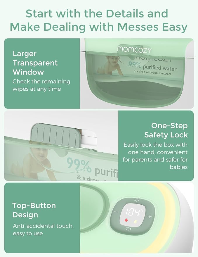 Momcozy New Baby Wipe Warmer, 100pcs Larger Capacity Wipe Dispenser, 10-Min Fast Heating with 4 Temperature Modes, Innovative Spring Design, Silicone & Top Seals,Quick Even Heating, 3-Level Nightlight