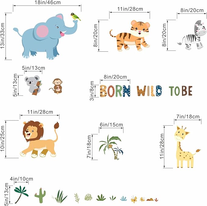 Jungle Animal Wall Stickers for Baby: Peel and Stick Safari Vinyl Wall Decals for Boys Nursery Girls Room Kids Bedroom Walls Art Decor - Ages 0-12 Years