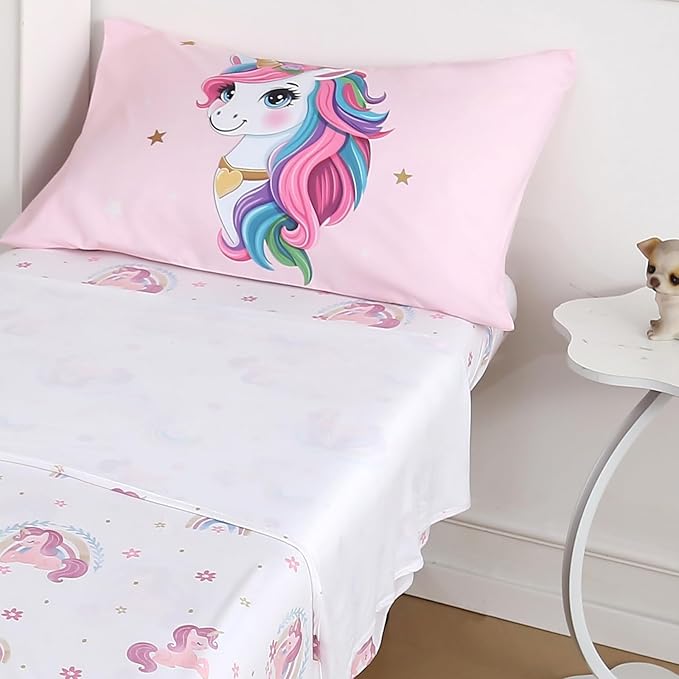 4 Piece Toddler Bedding Set - Ultra Soft Breathable Toddler Bedding Set for Girls, Includes Quilted Comforter, Flat Sheet, Fitted Sheet and Pillowcase(Unicorn)
