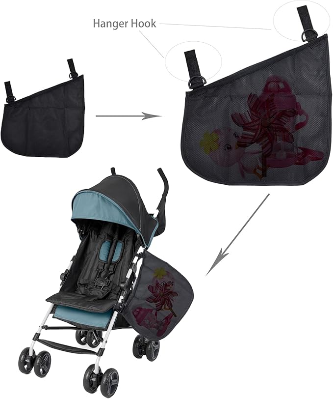 Peixiong 2 Pack Side Sling Cargo Stroller Net, Universal Stroller Organizer Bag, Non-Slip and Adjustable Straps Storage Mesh Cargo Net for Stroller Storage (Black)