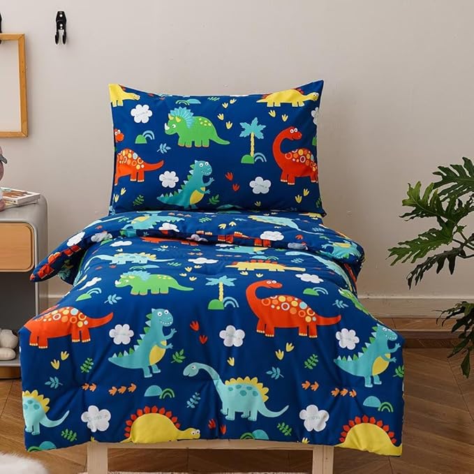 CLOTHKNOW Dinosaur Toddler Bedding Sets for Boys, 4 Pieces Bedding Sets Cartoon Cute Animal Pattern, Soft Crib Bed Set Including Comforter, Flat Sheet, Fitted Sheet and Pillowcase, Blue