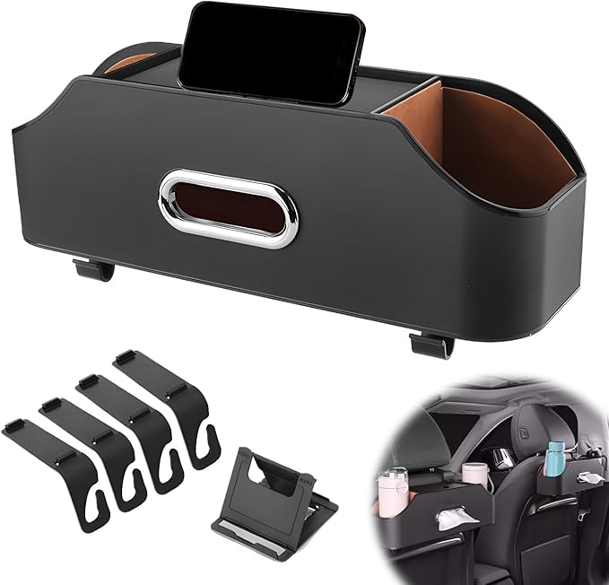 4-in-1 Car Backseat Organizer, 2026 New Car Seat Back Storage Box, Multifunctional Car Back Seat Storage Organizer with Cup Holders, Tissue Box Slot, Hooks to Keep Your Ride Clean & Organized (Black)