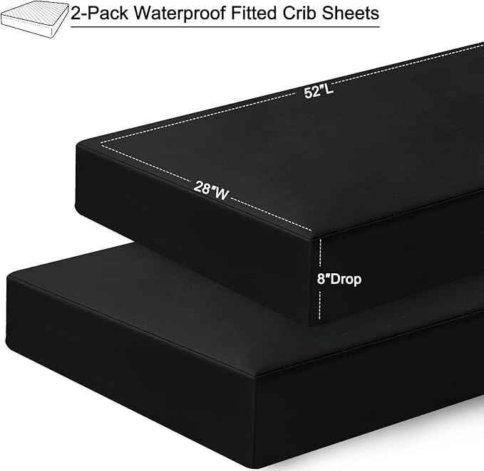 david's kids Waterproof Crib Sheets Fitted 2 Pack, Ultra Soft Breathable Crib Mattress Protector for Boys Girls Neutral, Fit Standard Crib Mattress and Toddler Mattresses, Black