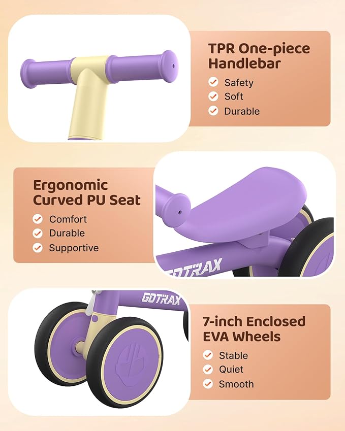 Gotrax Baby Balance Bike 1-2 Years, 7" Front&Rear Silent Wheels, Sturdy Steel Frame 66 lbs Load, Quick 2-Min Assembly, CPC Certified, Comfortable Soft Seat, Toddler Birthday Gift for Boys&Girls Purple