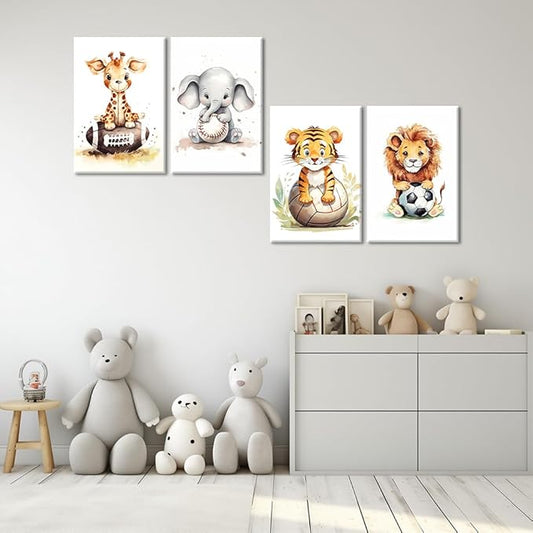 Nursery Animal Wall Art 4 Piece Cute Giraffe Elephant Tiger Lion Canvas Prints Sport Animals Paintings Watercolor Pictures for Kids Room Nursery Decor Frame(Animal-2,20.00" x 30.00" x 4Pcs)