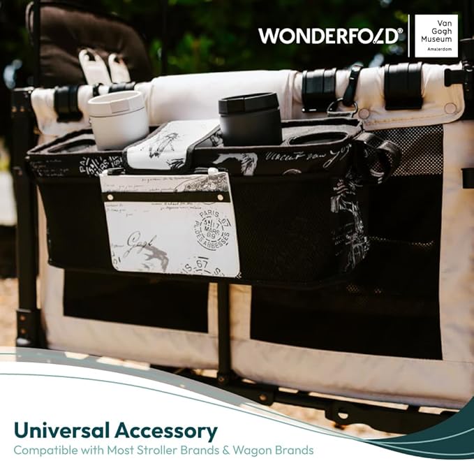 WONDERFOLD Universal Parent Console Stroller Organizer with Insulated Cup Holders, Hook & Loop Closure Handle Attachment, 2 Storage Pockets, Removable Shoulder Strap for Easy Transport