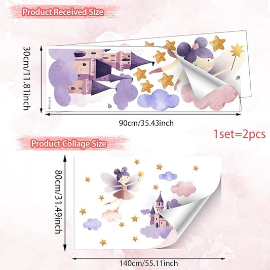 Flower Fairy Wall Decal，Butterfly Fairy Stars Wall Stickers，Cartoon Princess Butterfly Girls Decal，Removable Vinyl for Girls Bedroom Baby Nursery Kids Room Wall Decor. (Fairy Castle Wall Stickers)