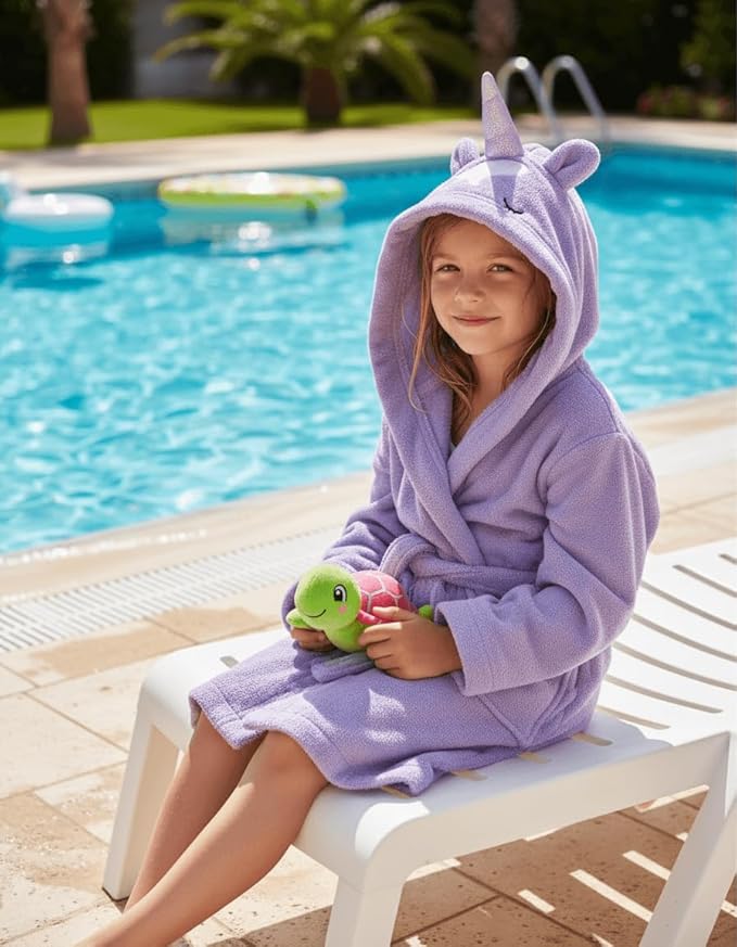 BAGNO MILANO Kids Organic Turkish Cotton Hooded Beach Cover-Up Towel, GOTS Certified, for Boys and Girls (Unicorn Purple, 7-8 Years)