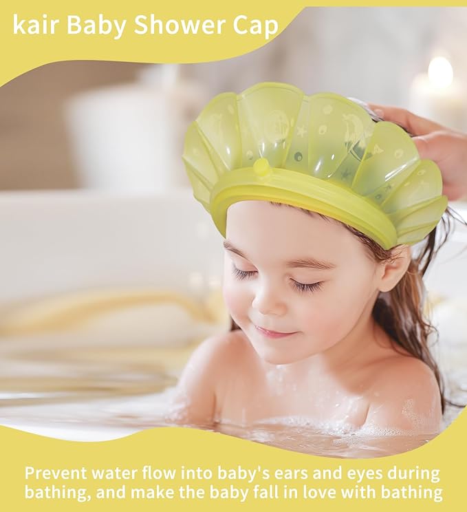 kair Baby Kids Shower Cap Soft Adjustable Silicone Toddler Bath Visor Children Hair Washing Hat Keep Kids Shield Water Out of Eyes & Ears (Yellow, Head Size 17"-24" More Than 24 Months)