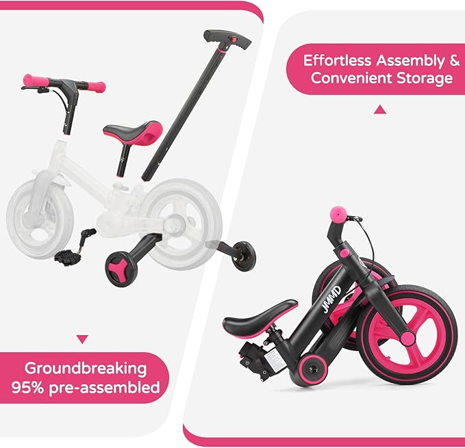 JMMD 6 in 1 Toddler Bike with Push Handle for Kids 18-60 Months, 12" Foldable Balance Bike with Training Wheels, Pedals, Brakes, Kickstand, Push Tricycle Toddler Gift & Toys for Boy & Girl