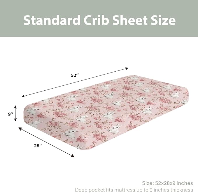 Spring Bunnies Pink Roses Baby Crib Sheets for Boy Girl 52x28Inch Cute Rabbits Flowers Soft Snug Fitted Crib Mattress Cover Spring Garden Baby Sheet for Standard Crib and Toddler Bed Mattress