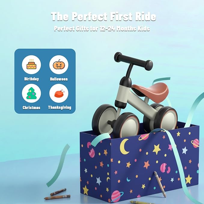 SIMATE Balance Bike Toys for 1 Year Old Boys Girls, 12-24 Month Toddler Ride on Toys, 4 Silent Wheels & Soft Seat, First Birthday Gifts for Baby Girls Boys