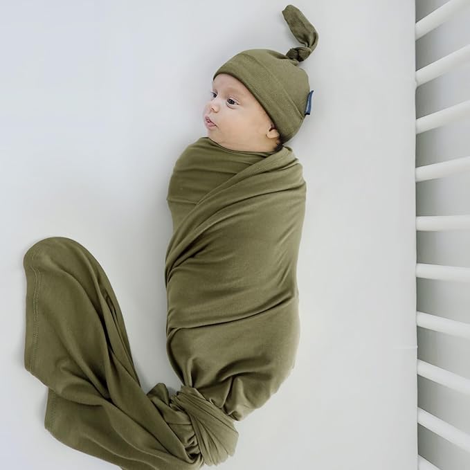 GRSSDER Newborn Swaddle Blanket, Ultra Soft Jersey Receiving Blanket with Matching Headband and Beanie Set, 47×47" Extra Large Nursery Swaddle Wrap for Girls and Boys