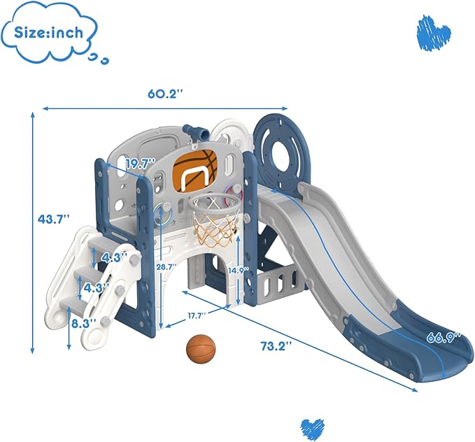 XJD 8 in 1 Toddler Slide Set, Kids Slide for Toddlers Age 1+, Toddler Climber Slide PlaySet with Basketball Hoop and Ball,Outdoor Indoor Playground for Toddlers 1-3 (Blue Gley, 8 in 1)