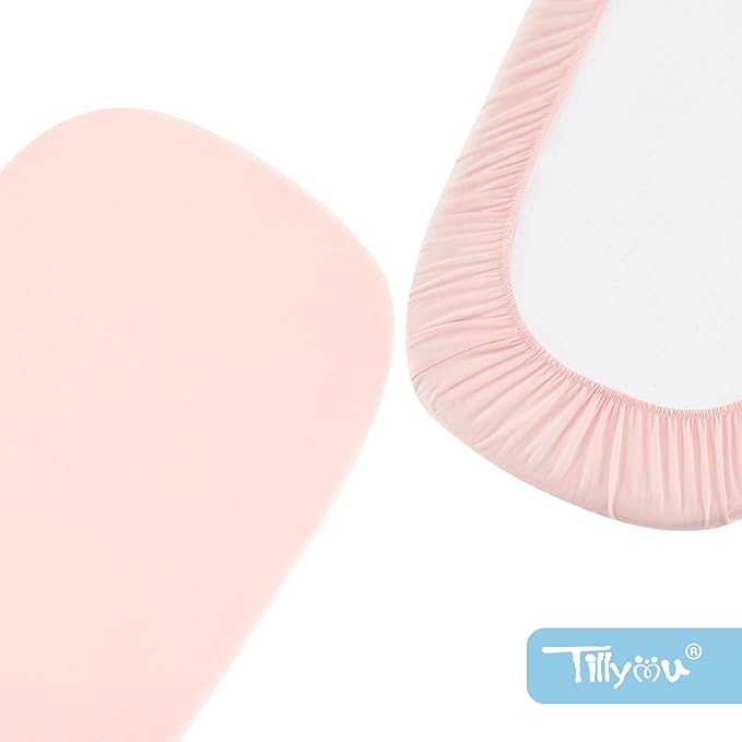 TILLYOU Baby Bassinet Sheets for Girls Boys, Fit for Hourglass Oval Rectangle Bassinet Mattress Sheets, 33”X16”, 2 Pack Pink & White