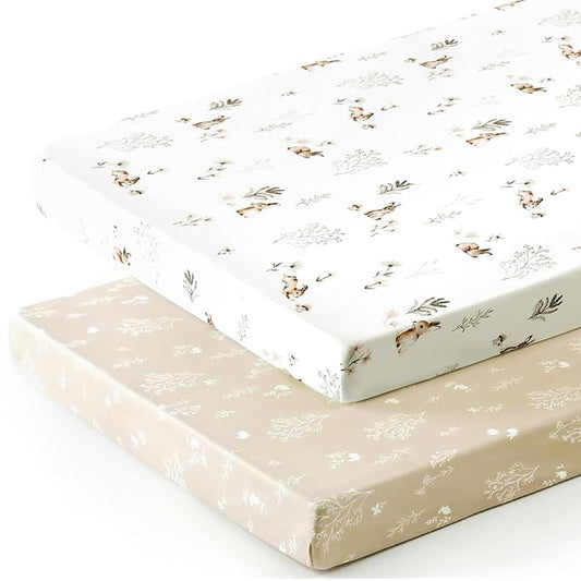 GRSSDER Stretch Ultra Soft Jersey Knit Fitted Pack n Play Sheets Set 2 Pack, Portable/Mini Crib Sheets for Boys and Girls, Stylish Watercolor Rabbit Pattern