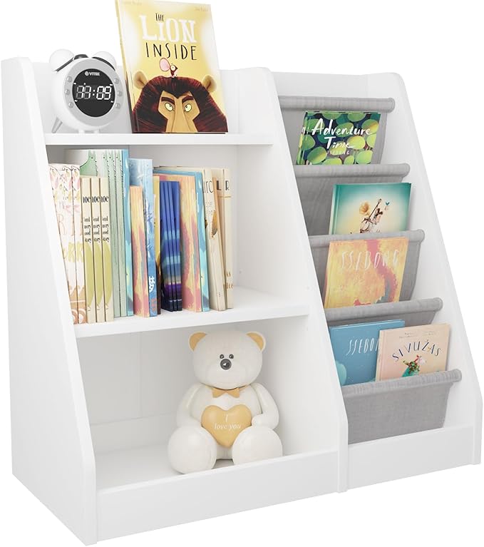 HedoAjim White Kids Bookshelf Wood Toy Storage Organizer Cabinet Children Bookcase Toddler Baby Sling Book Rack Adjustable Shelf for Playroom Bedroom Nursery Hallway School Kindergarten