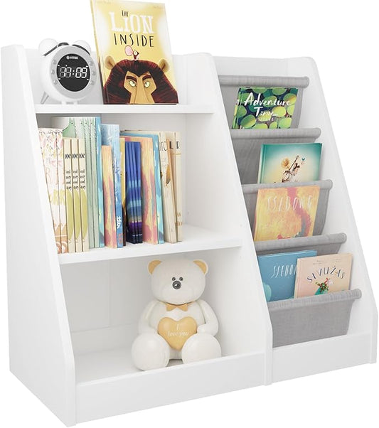 HedoAjim White Kids Bookshelf Wood Toy Storage Organizer Cabinet Children Bookcase Toddler Baby Sling Book Rack Adjustable Shelf for Playroom Bedroom Nursery Hallway School Kindergarten
