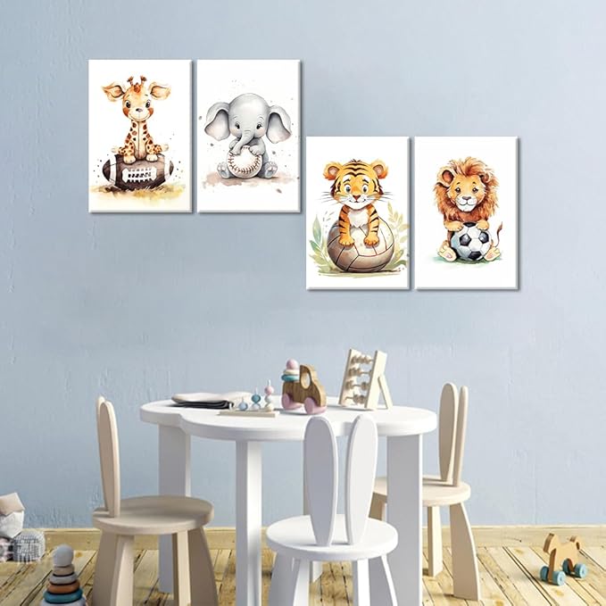 Nursery Animal Wall Art 4 Piece Cute Giraffe Elephant Tiger Lion Canvas Prints Sport Animals Paintings Watercolor Pictures for Kids Room Nursery Decor Frame(Animal-3,16.00" x 24.00" x 4Pcs)